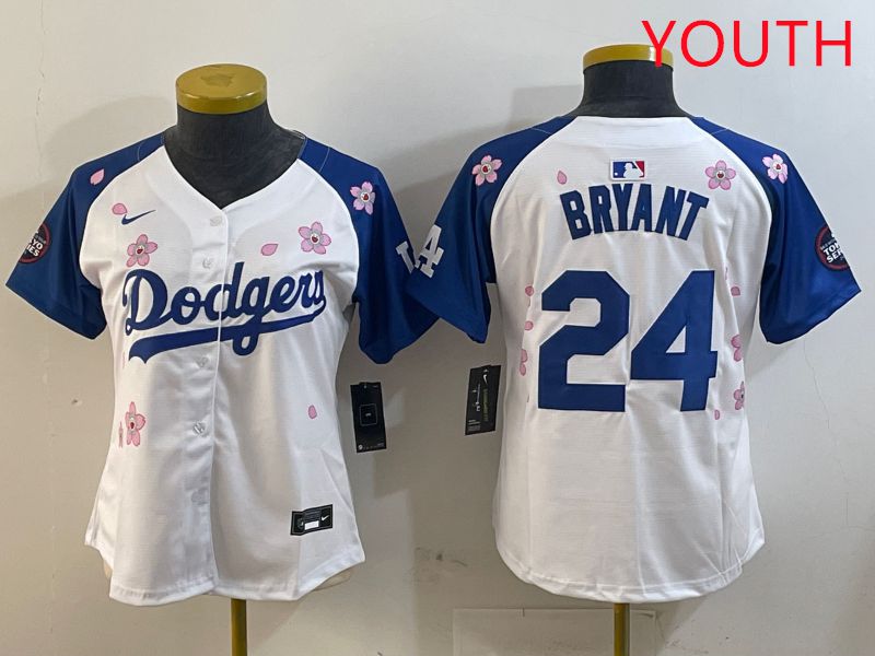 Youth Los Angeles Dodgers #24 Bryant White Blue Sakura Edition 2025 Nike MLB Jersey style 1->youth mlb jersey->Youth Jersey